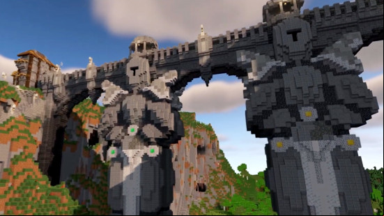 A long bridge over a huge recess in Minecraft, adorned with two knight statues on the pillars.