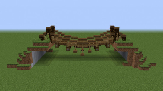 A small Minecraft rope bridge between two mounds of grass.
