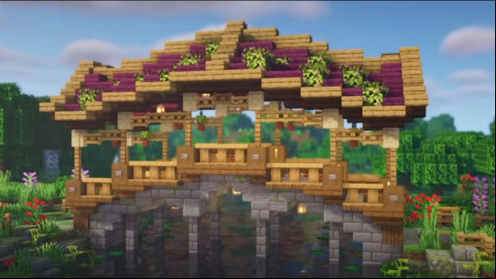 A covered Minecraft bridge using crimson wood and oak, as well as more natural blocks.