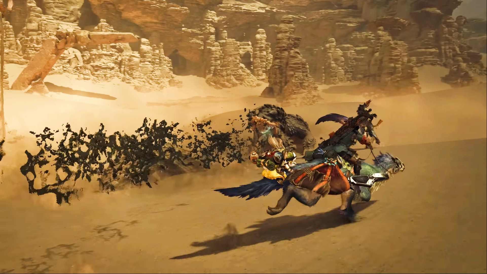 Monster Hunter Wilds - A hunter riding a Seikret through the desert.
