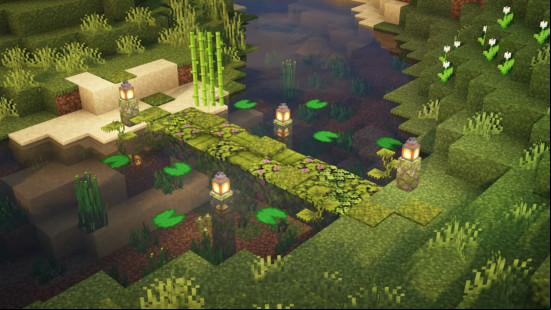 A natural Minecraft bridge made with moss carpet and leaf blocks.