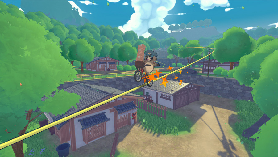 Takuki: Pon's Summer - a small racoon wearing a postman's hat drives a wheelbarrow full of parcels along a zip rope