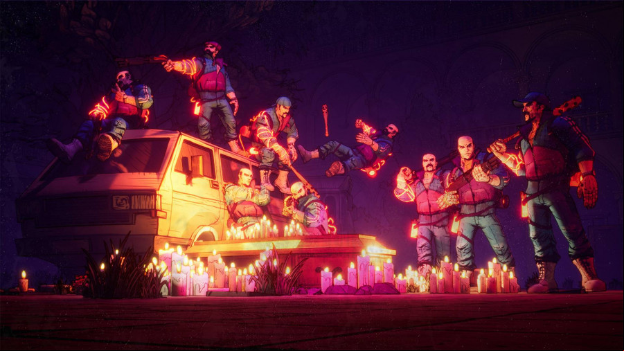 Trust: A group of cartoon men stand around a coffin illuminated by candles sitting on a truck with guns