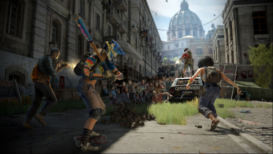 Several characters face down an oncoming zombie horde in a city.