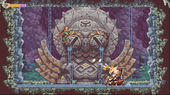 Best Metroidvania games: Owlboy fighting a boss while holding an ally in his talons