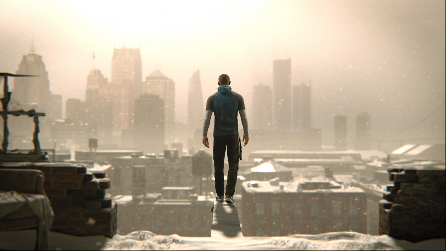 A character stands on a ledge in front of a huge city.