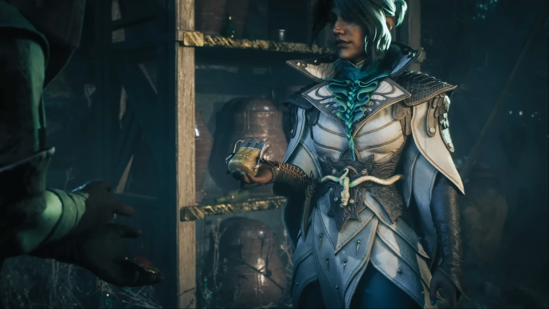 Neve, a member of the Shadow Dragons, one of the Dragon Age Veilguard factions.
