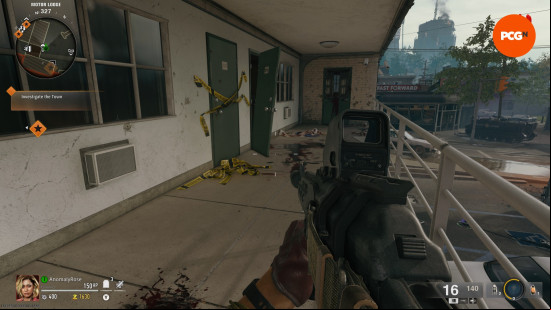 The closed door or room 203 and the busted open door of 202 of the Motor Lodge motel in the Black Ops 6 Zombies Liberty Falls main quest.