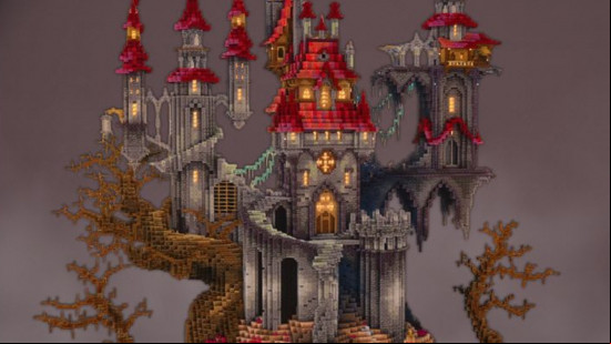 A spooky gray and red castle sits atop large wooden tree branches in one of the best Minecraft castle builds we've seen.