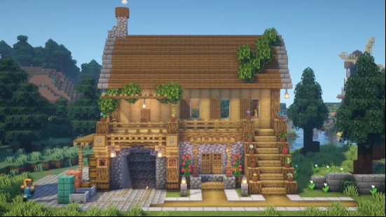 A Minecraft house with a mine entrance built underneath.