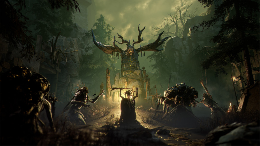 Mistfall Hunter - Several figures gather around a large altar in the forest, kneeling in worship.