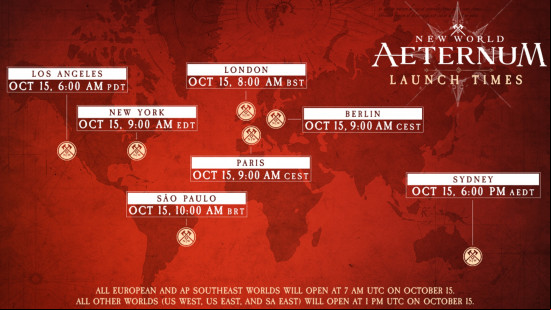 New World Aeternum release time: A graphic showing regional release times for New World's Aeternum version