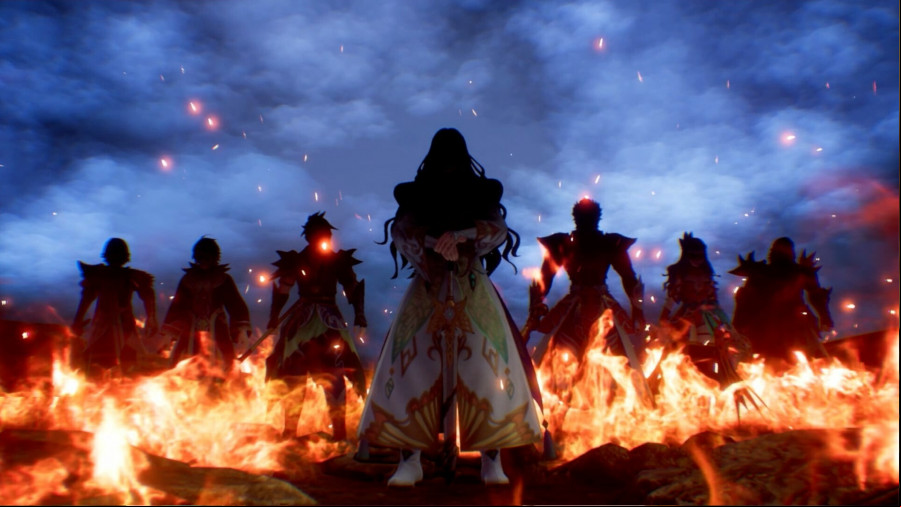Romancing SaGa 2: Revenge of the Seven - Seven figures stand in shadow, flames licking at their feet.