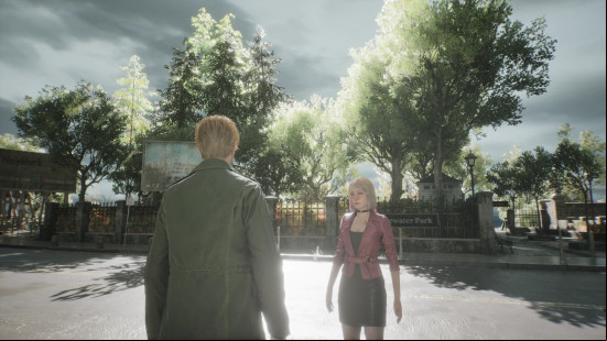 The sun shines brightly over James and Maria in Silent Hill with Sunny Hills, one of the best Silent Hill 2 mods, installed.