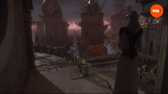 Dragon Age Veilguard Lighthouse puzzle: two statues facing each other across a courtyard.
