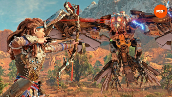 Aloy takes aim at a Stormbird in Horizon Zero Dawn, one of the best games like Monster Hunter.