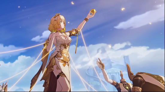 Aglaea is wrapped in golden thread and holds a golden sphere up to the blue sky of Amphoreus, headless automatons reaching out towards her in Honkai Star Rail 3.0.