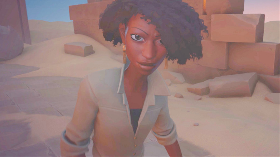 In the Valley of Gods: A woman in a beige shirt looks surprised