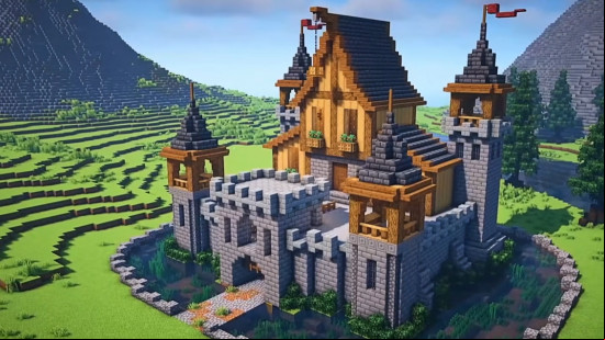 A medium-sized Minecraft castle made of wood and stone.