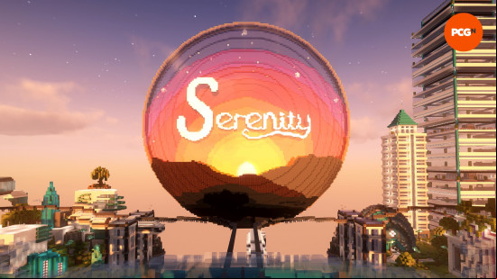 Best Minecraft servers: An image of the lobby in the Serenity Minecraft server showing the word 'Serenity' in pixel art on a sunset.