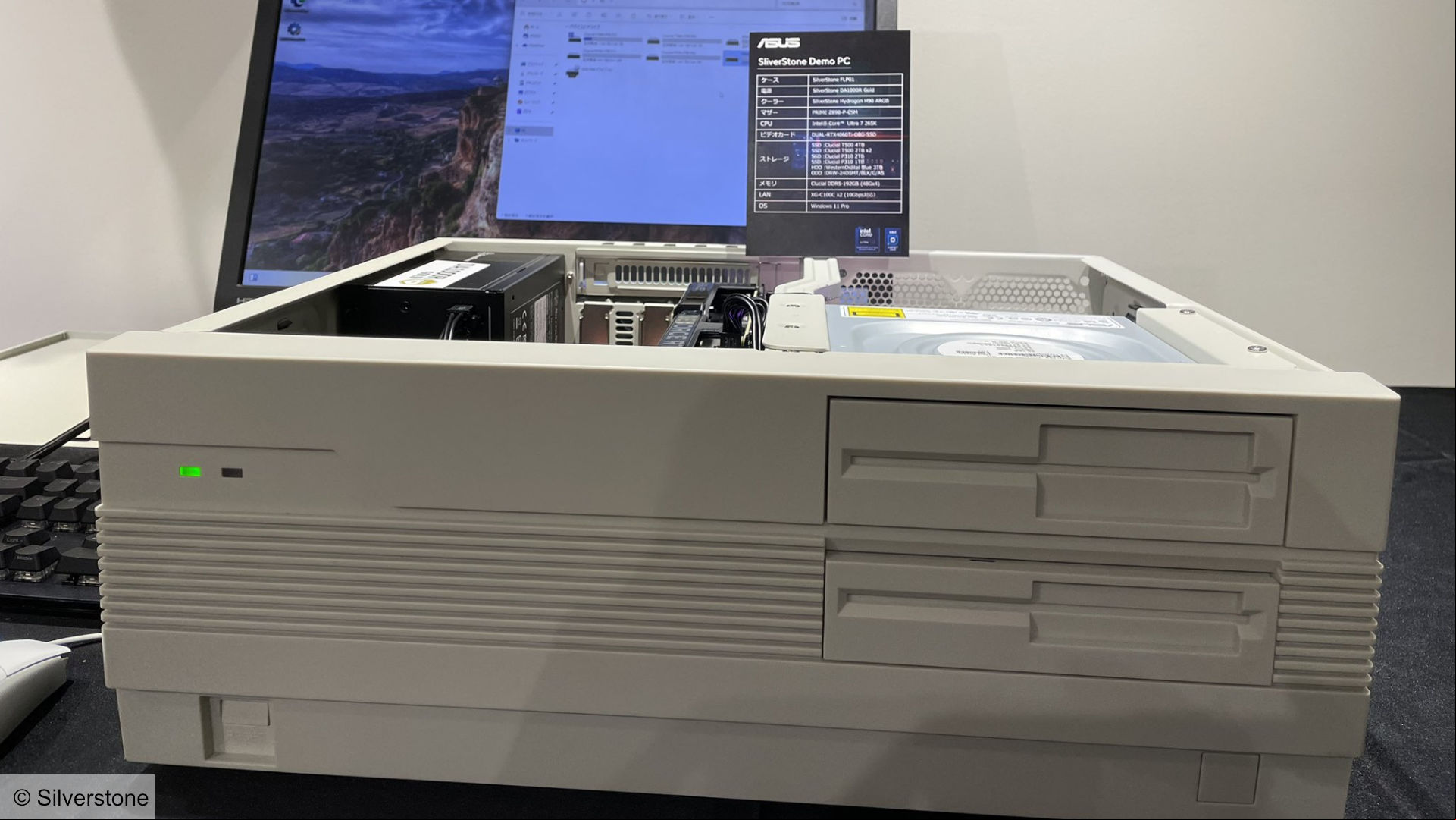A demo PC built using the Silverstone FLP01 retro PC case, on display at the Silverstone expo in Japan
