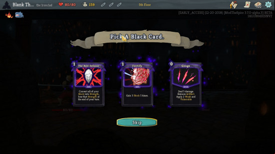 Slay the Spire mods: a black screen with three playing card-type items, each professing different effects for the .