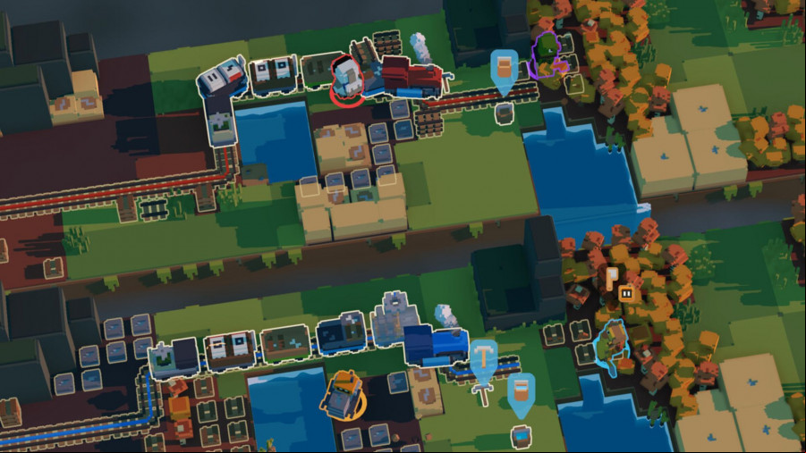 Two trains compete against each other in Unrailed 2.