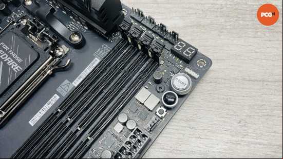 Asus ROG Crosshair X870E Hero review: LED post code display, plus start and reset buttons.