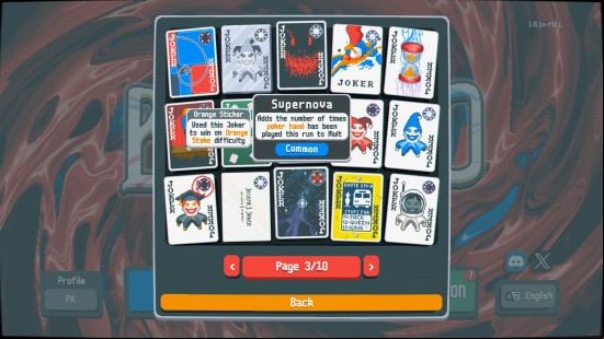 Favorite Balatro Jokers: a screen showing many special Joker playing cards, with Supernova highlighted.