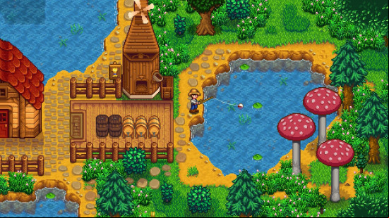 A player fishes in a pond in Stardew Valley, one of the best offline PC games.