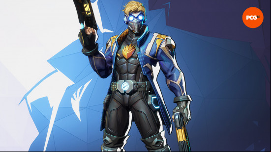 Marvel Rivals characters: a superhero wearing a futuristic mask, holding a pair of handguns.