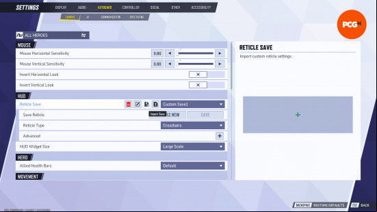 Marvel Rivals crosshair codes how to import: the settings UI