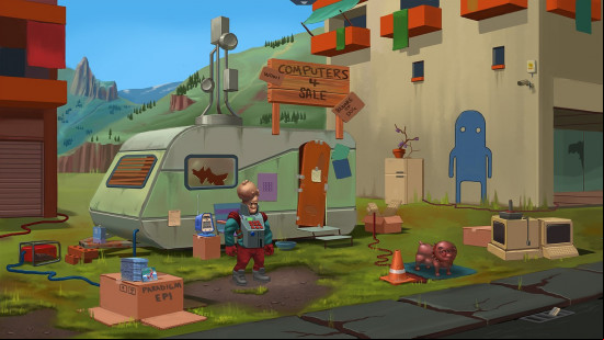 An image of an alien creature standing outside of a beaten up caravan with a sign saying 'computers for sale'