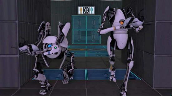 The two robots who are playable characters in Portal 2, one of the best offline PC games.