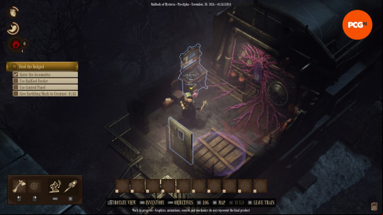A woman stands in a train carriage where tentacles infect the engine, standing in front of a wooden pallet