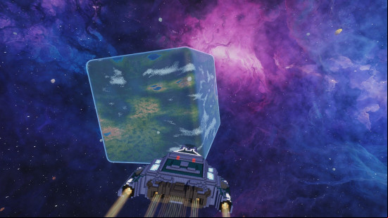 A ship flying to cuboid planet in Cubic Odyssey gameplay