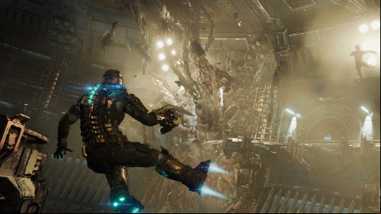 Issac Clarke floating in his signature outfit in a low-gravity section of Dead Space remake