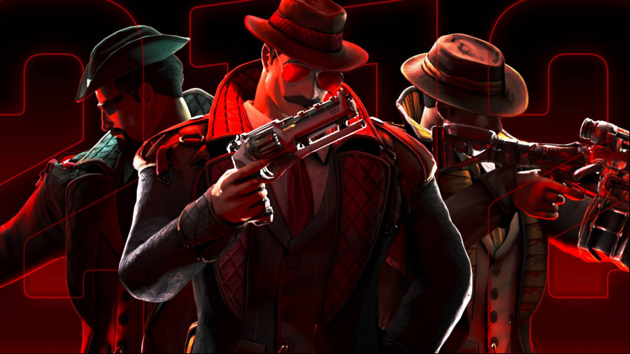DeTechtive 2112: An image of a man wearing a detective outfit holding a huge futuristic pistol, flanked by two other detectives bathed in red light
