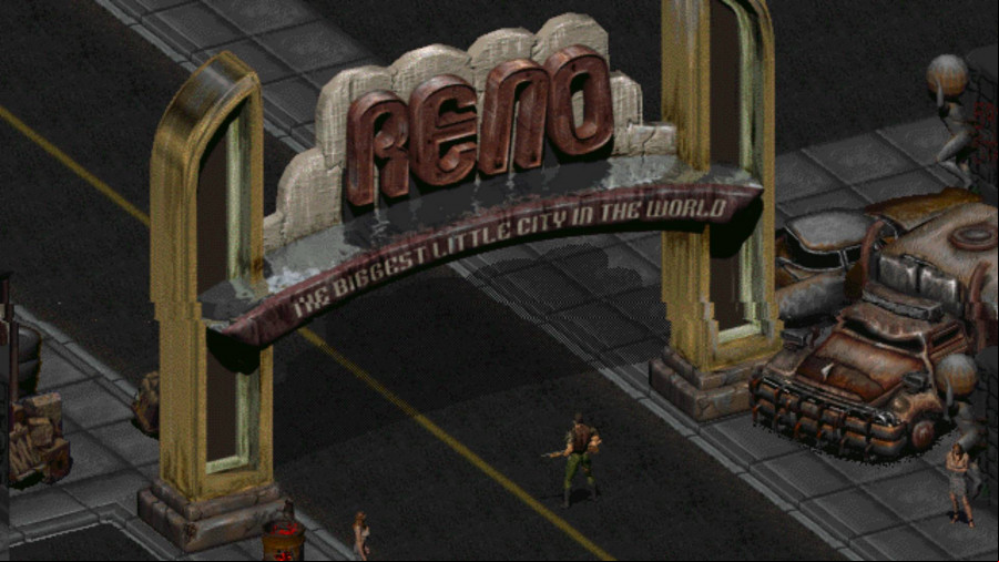 Fallout 2: A pixel videogame man stands in front of a broken neon sign that reads Reno The Biggest Little City in the world