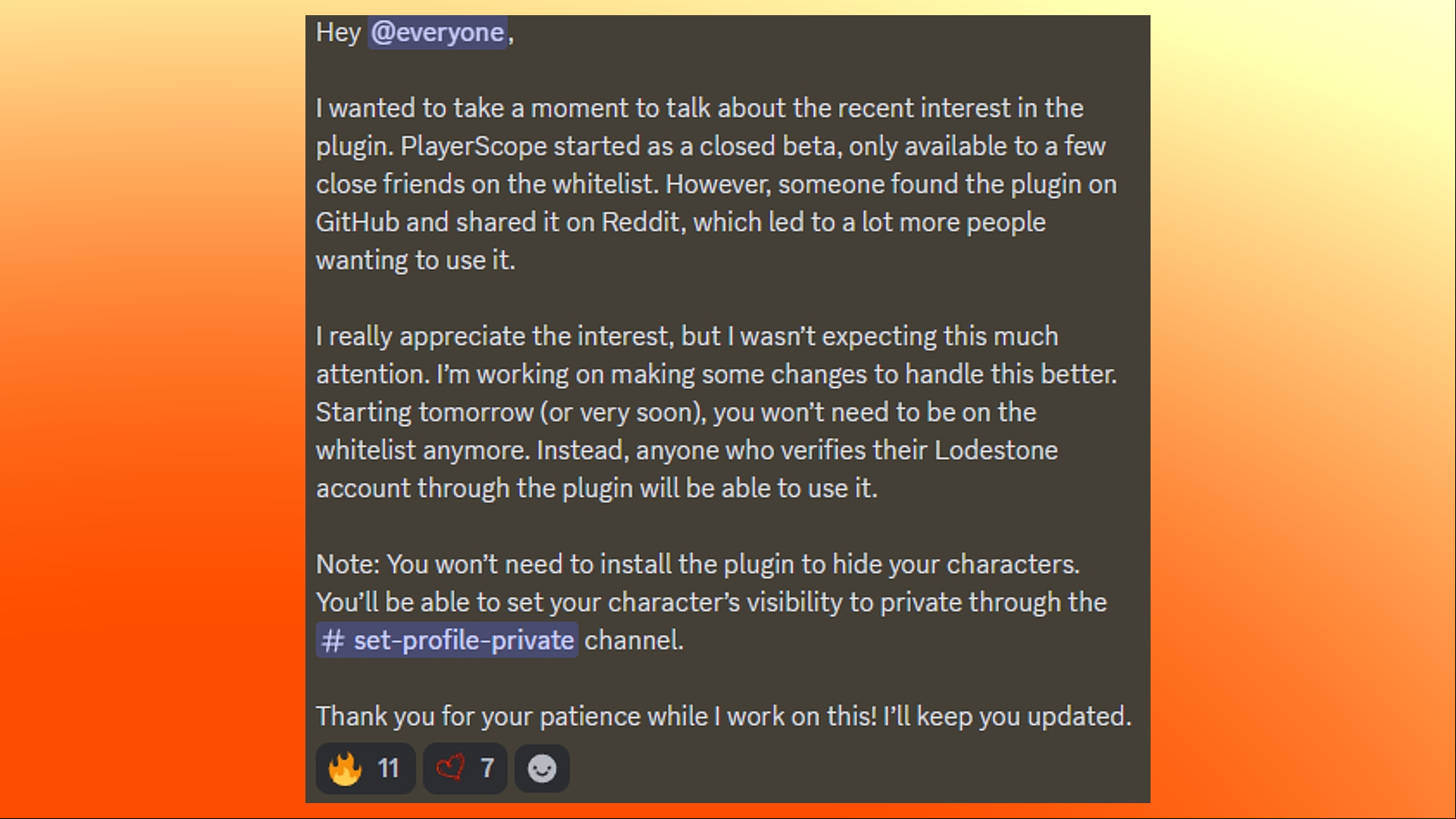 FF14: A screenshot of a Discord message set against an orange background