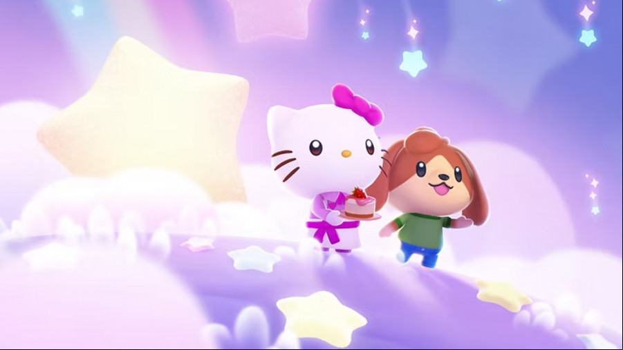 Helo Kitty and a brown dog in Sanrio style stand on clouds on a purple sky in Hello Kitty Island Adventure.