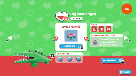 Hello Kitty Island Adventure gift guide: The in-game page for Big Challenge's friendship level and likes.