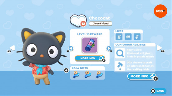 Hello Kitty Island Adventure gift guide: The in-game page for Chococat's friendship level and likes.