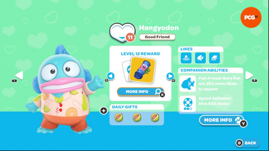 Hello Kitty Island Adventure gift guide: The in-game page for Hangyodon's friendship level and likes.