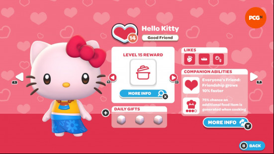 Hello Kitty Island Adventure gift guide: The in-game page for Hello Kitty's friendship level and likes.