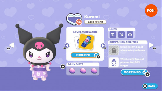 Hello Kitty Island Adventure gift guide: The in-game page for Kuromi's friendship level and likes.