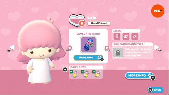 Hello Kitty Island Adventure gift guide: The in-game page for Lala's friendship level and likes.