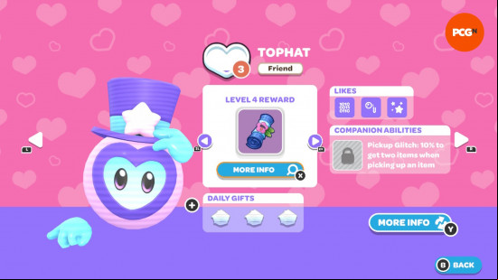 Hello Kitty Island Adventure gift guide: The in-game page for Tophat's friendship level and likes.