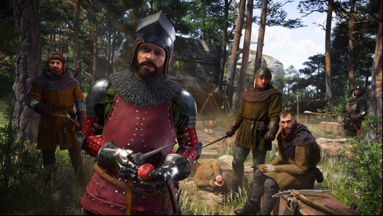 Best PC games: several man wearing heavy metal armor, one is peeling an apple with a dagger.