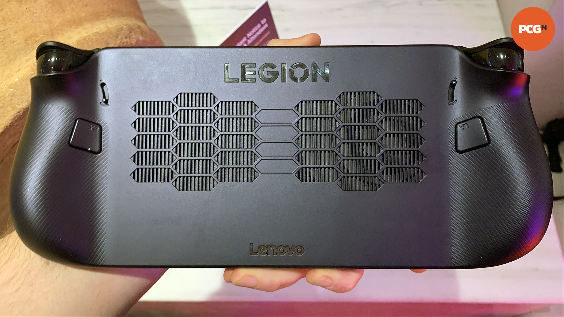 Lenovo Legion Go S hands on: Underside of handheld.